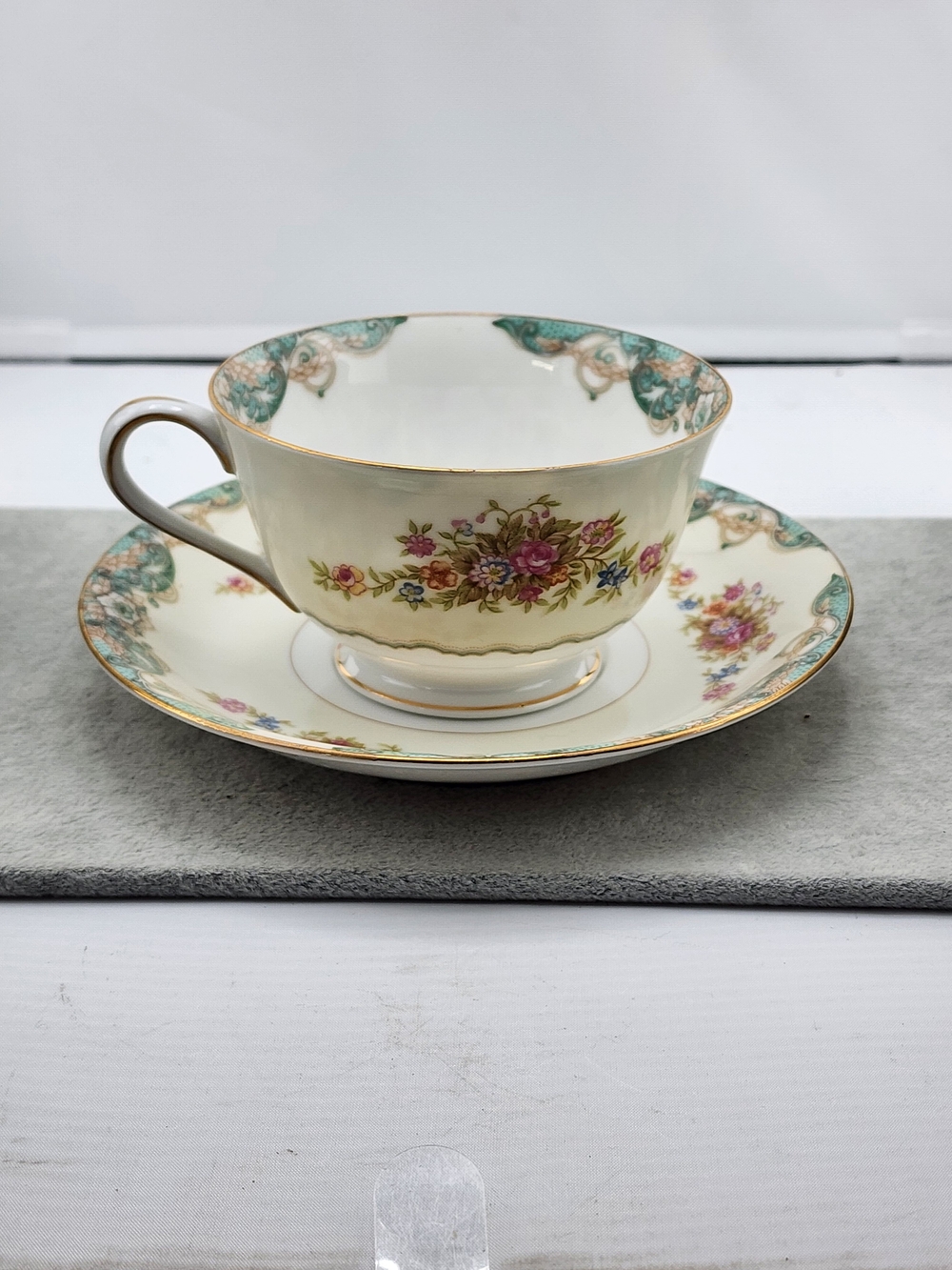 Vintage Floral Bone China Teacup & Saucer - Cream with Pink & Green Floral Motif
